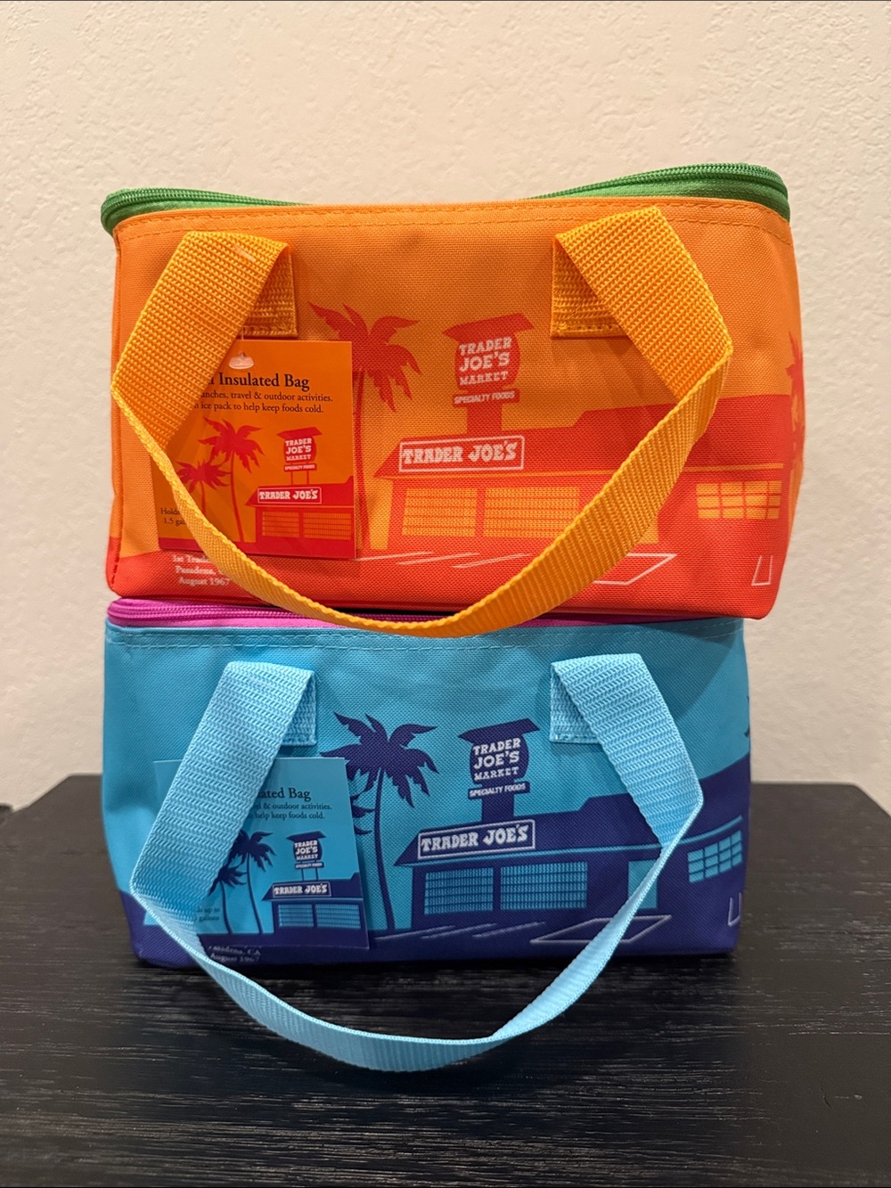 Trader Joe's Set of (2) Insulated Lunch Bags - Orange & Teal Blue Lot Brand New